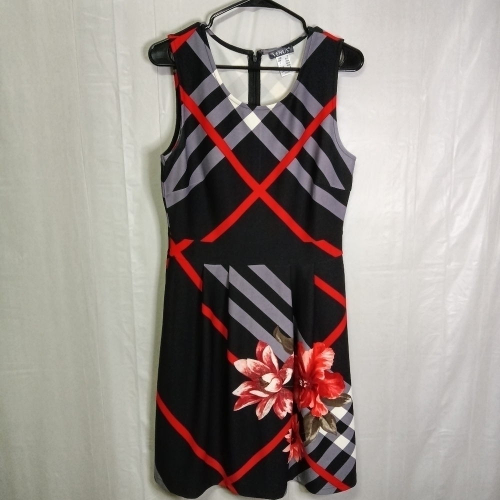 Venus Black Red Plaid Floral Fit and Flare Dress Medium